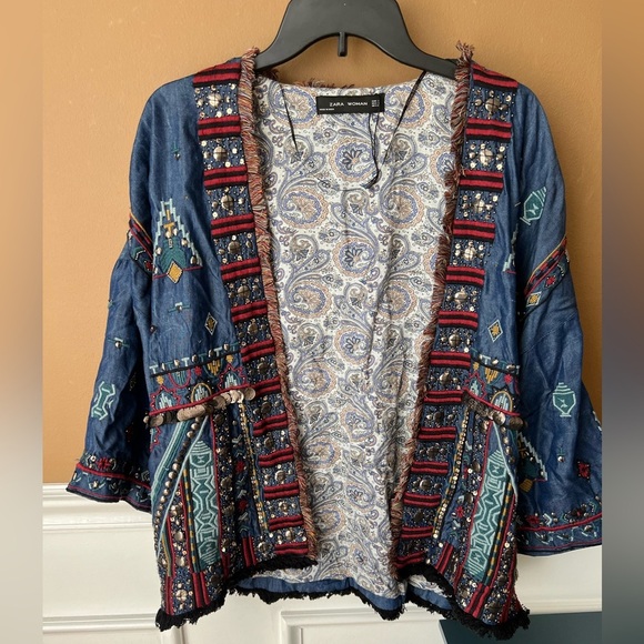 Zara Women's Beaded Fringe Boho Kimono Jacket Embroidered Oversized Small Boho - Picture 2 of 10